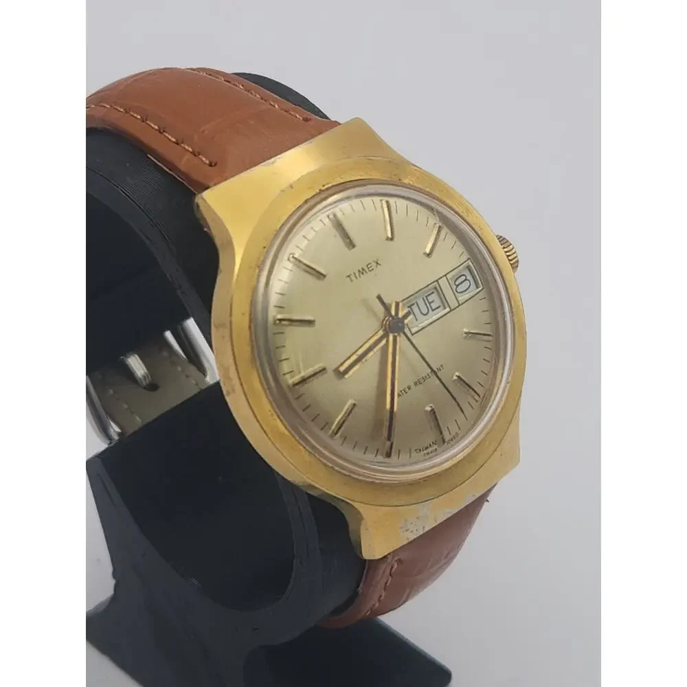 VTG Timex Marlin Watch Men Hand-Wind Mechanical Gold Tone Day Date, New Band